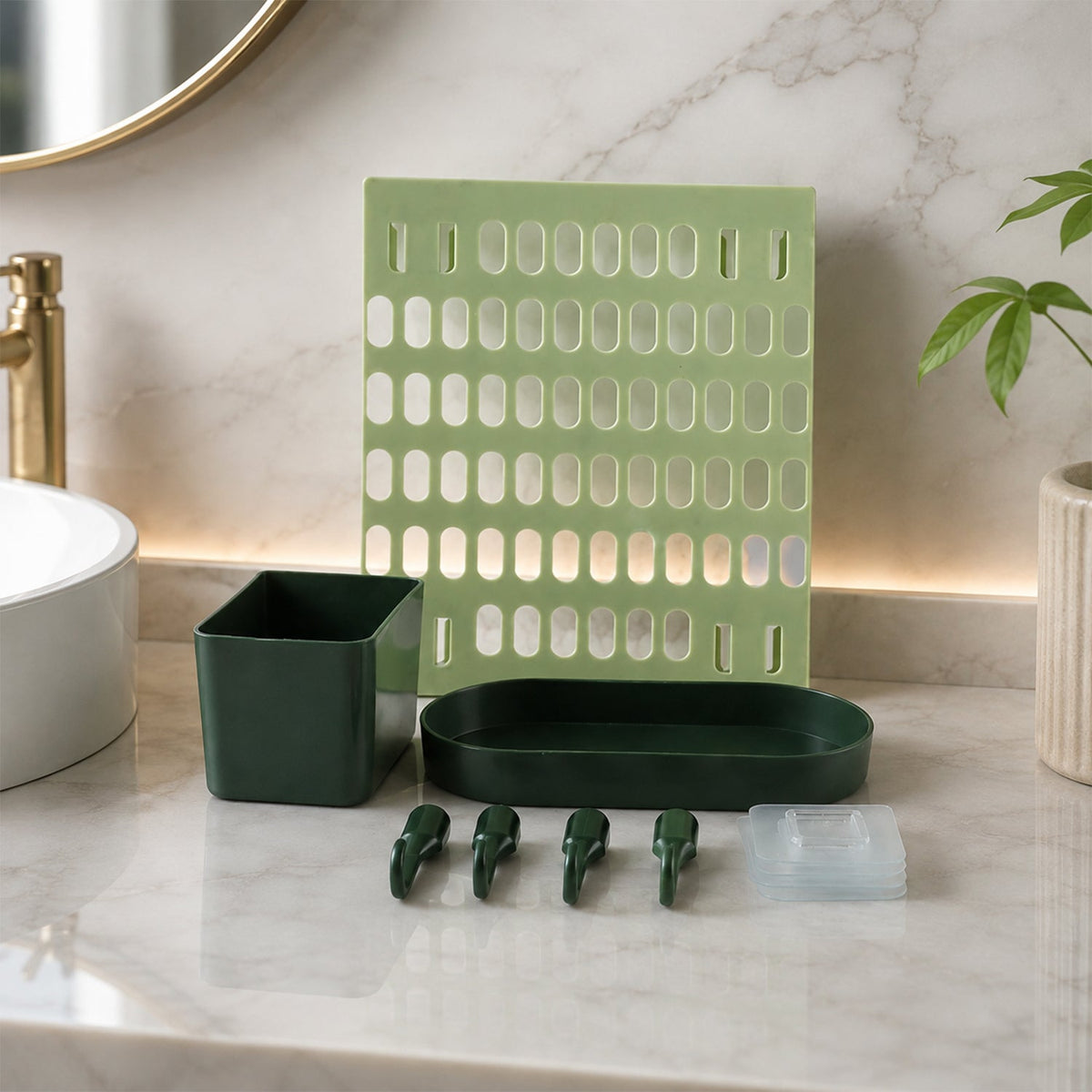 Pegboard, cup, tray, hooks and adhesive pads on a counter