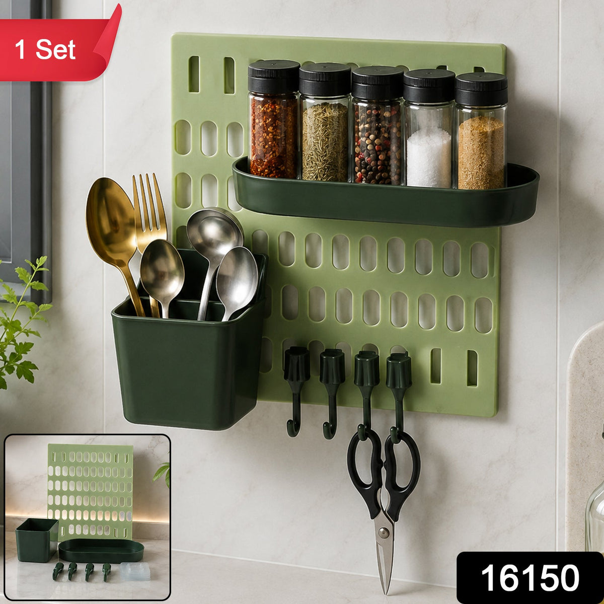 Green pegboard on a kitchen wall holding spice jars, spoons and scissors