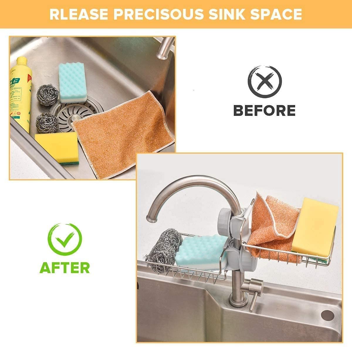 Before and after: cluttered sink edge with sponges and soap, then the same items tidy in a tap rack