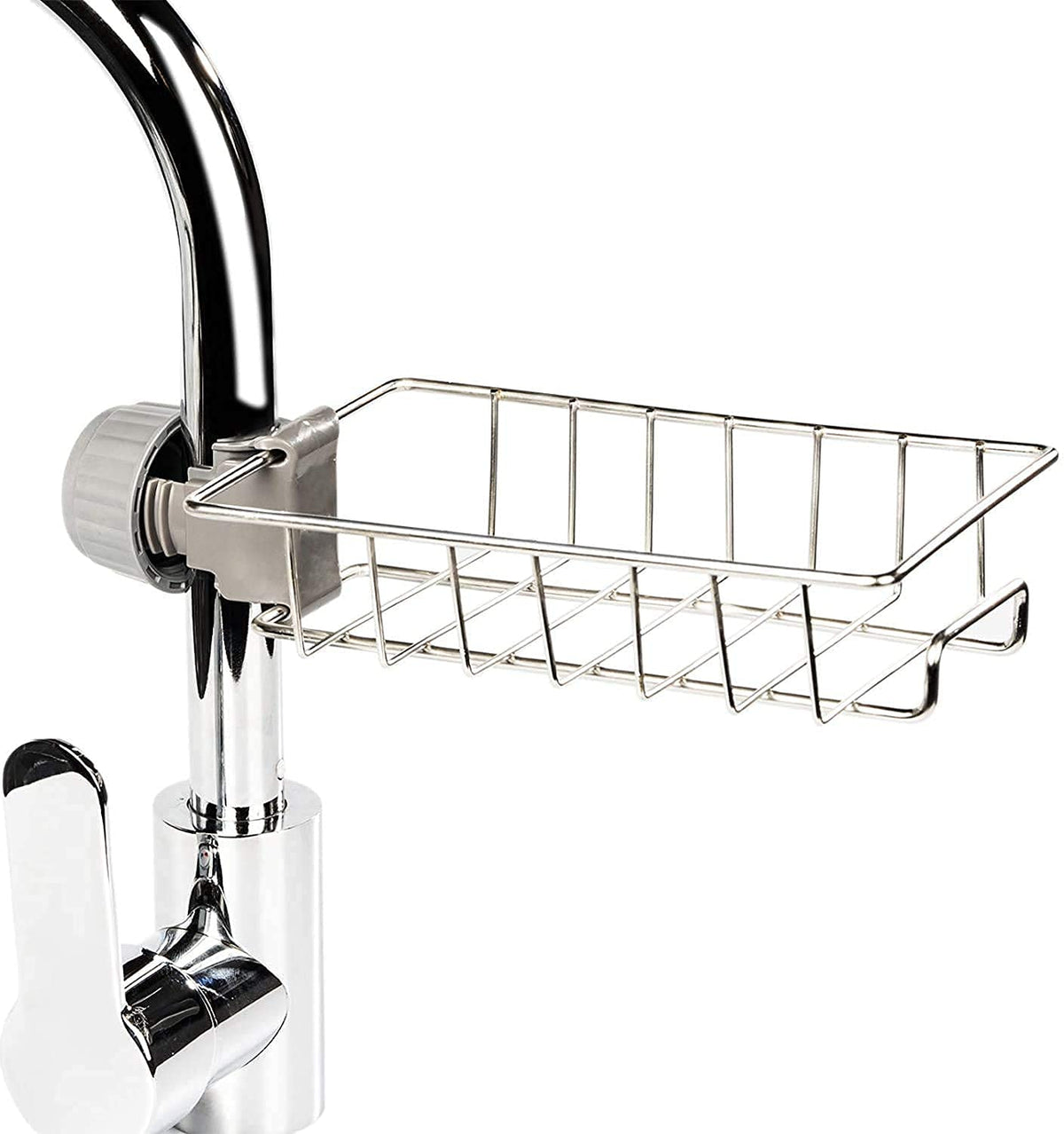 Empty stainless steel tap rack clamped onto a round kitchen tap