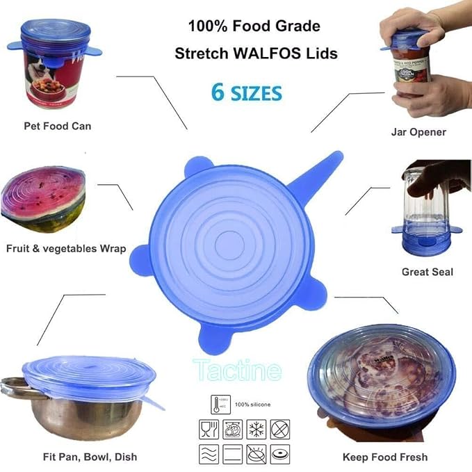 Blue silicone stretch lid shown covering a can, a jar, cut fruit, a steel pan and a bowl