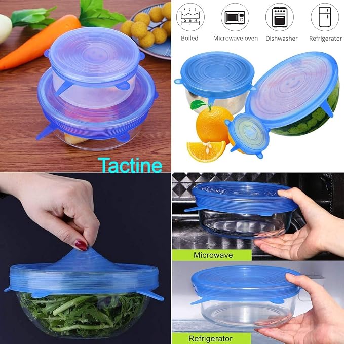 Hands stretching silicone lids over glass bowls for the microwave and fridge
