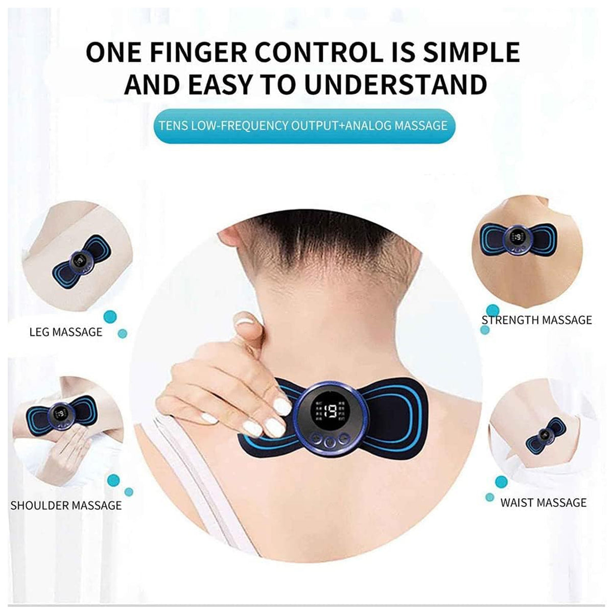 Woman holding the butterfly massager on her neck; also for shoulders, waist and legs