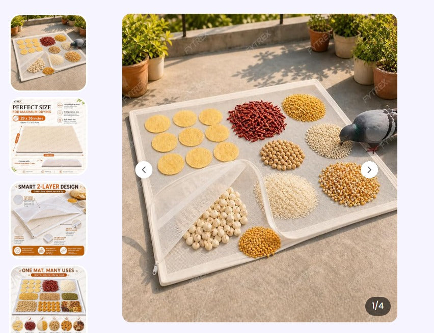 Drying cloth on a terrace with papad, chillies, pulses and grains, net cover partly unzipped