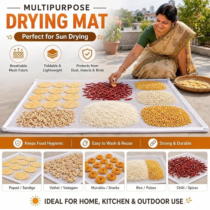 Woman in a saree drying papad on a terrace on a cotton drying cloth with mesh net cover, with chillies, rice and pulses