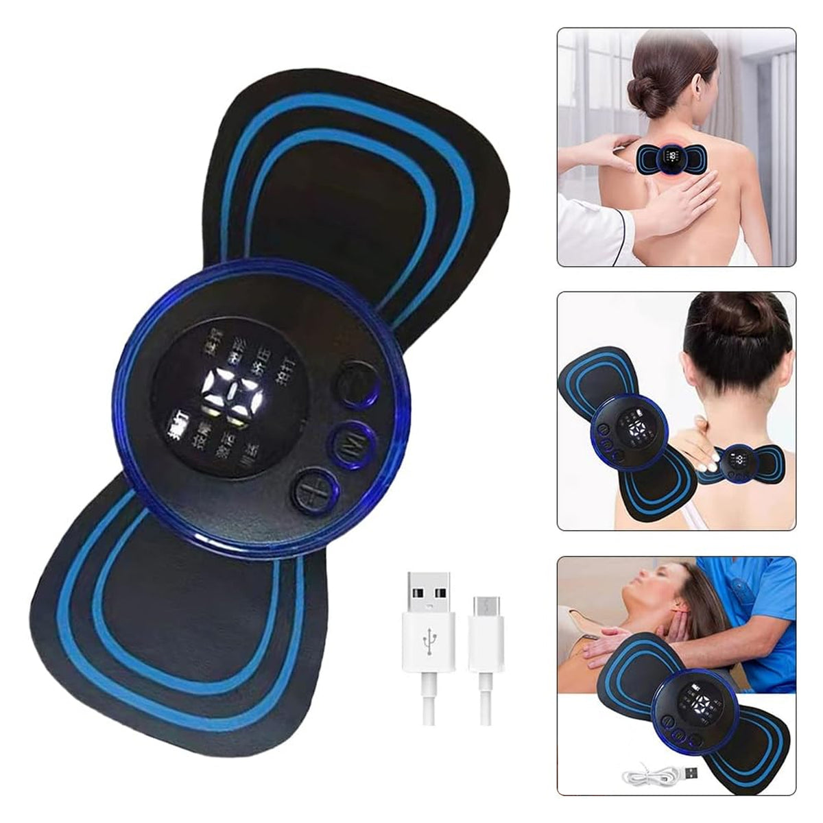 Butterfly massager with USB cable, and photos of it on the shoulder, neck and back
