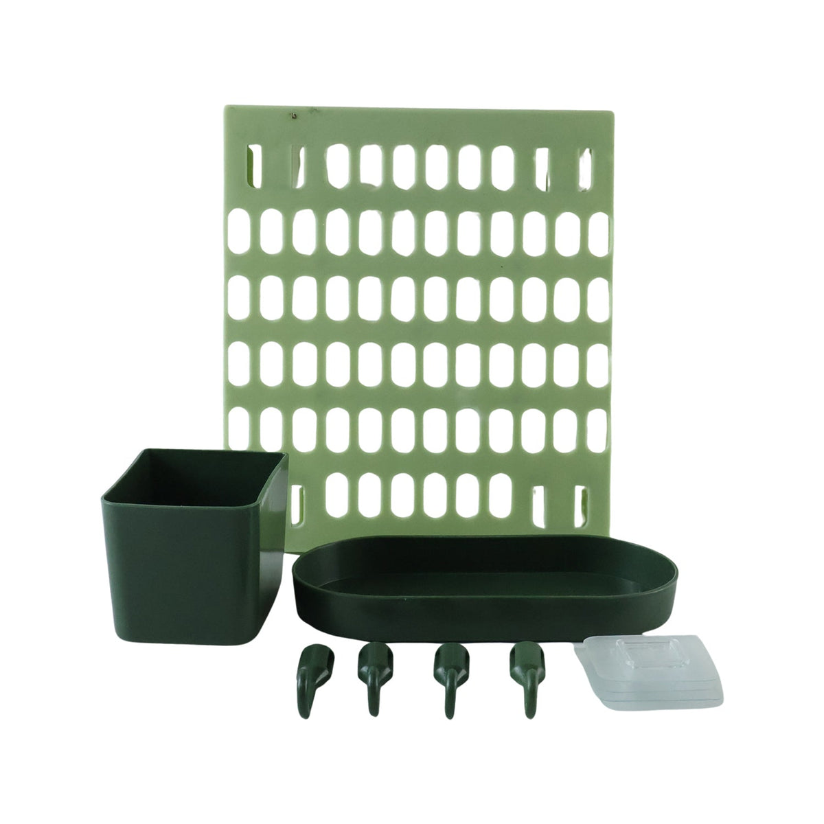 Everything in the set: pegboard, cup, long tray, 4 hooks and adhesive pads