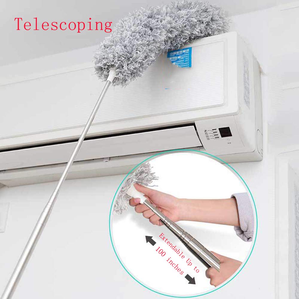 Duster cleaning the top of a wall AC, pole extends up to 100 inches