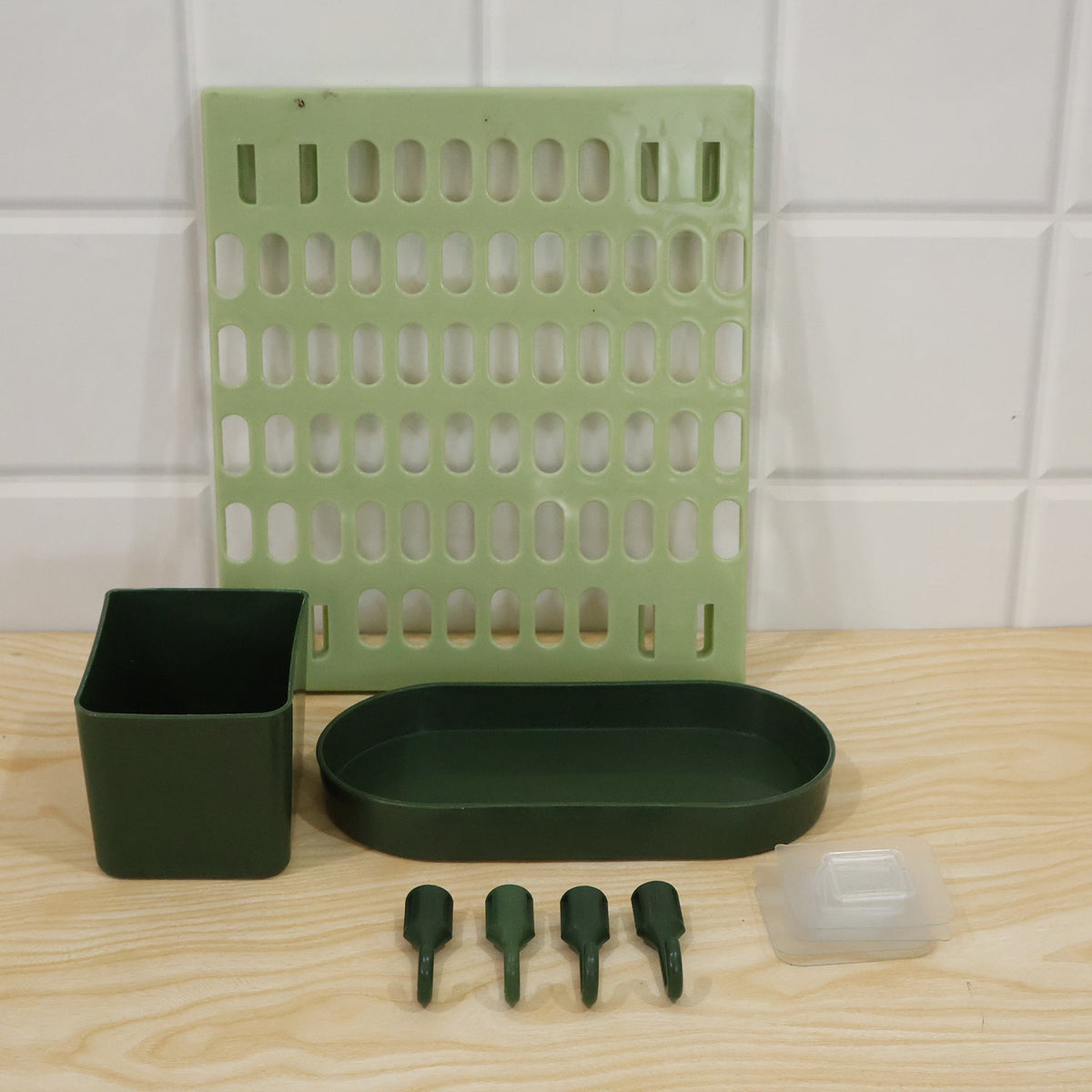 Pegboard set parts on a wooden counter