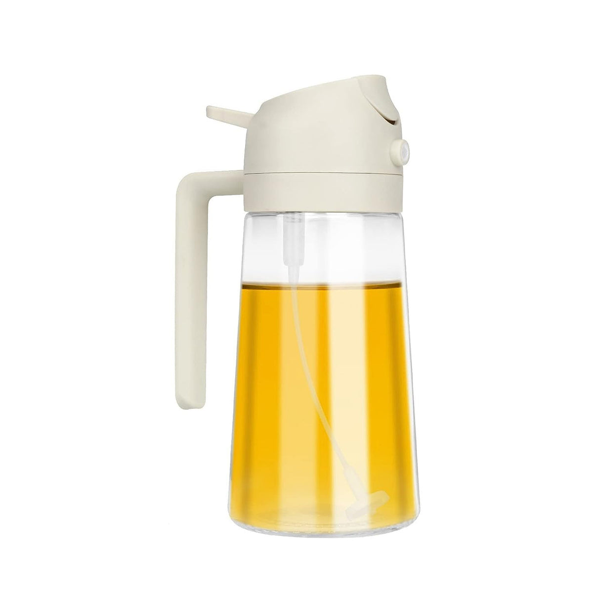 Glass oil bottle with cream lid and side handle, filled with oil