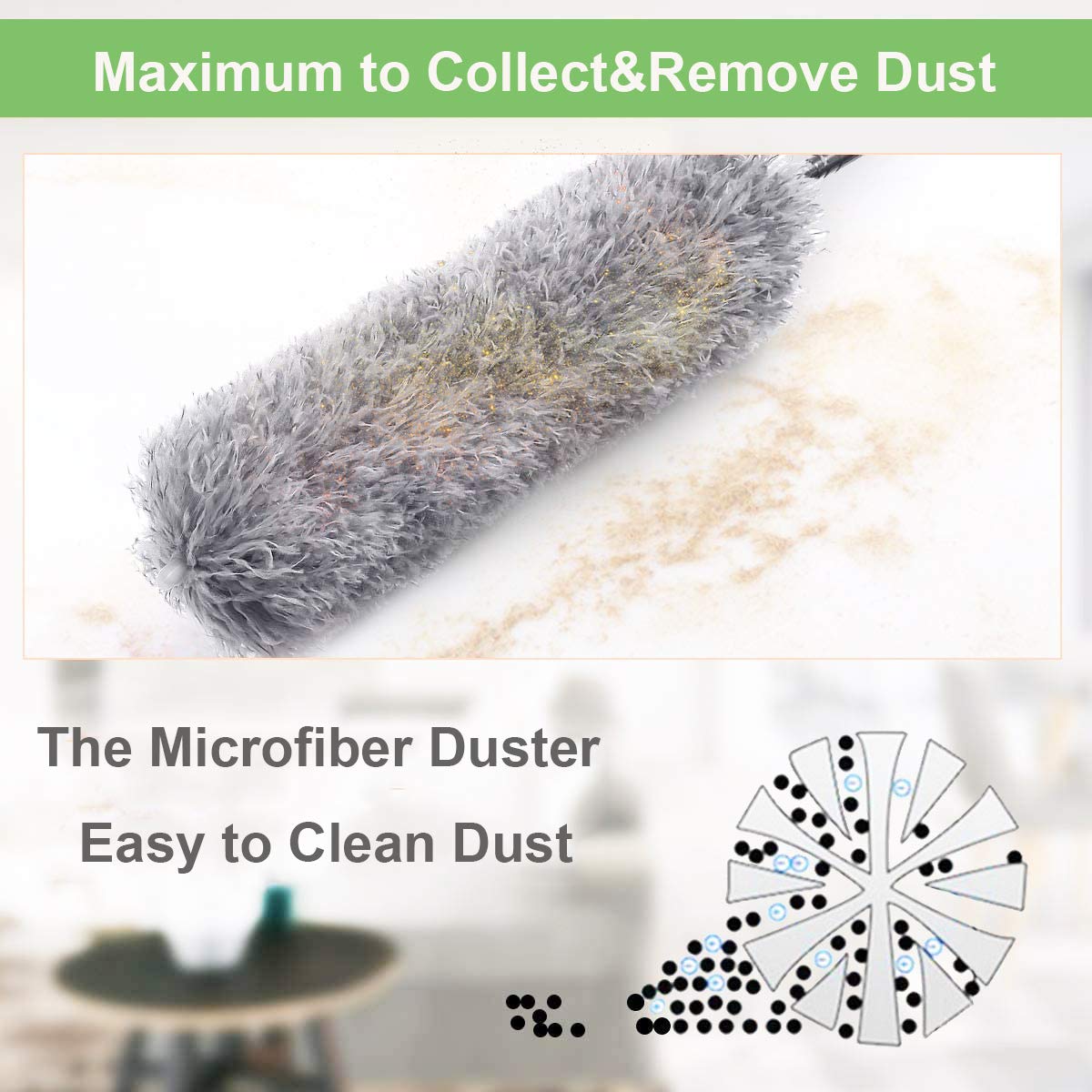 Microfibre duster head holding dust picked up from a table