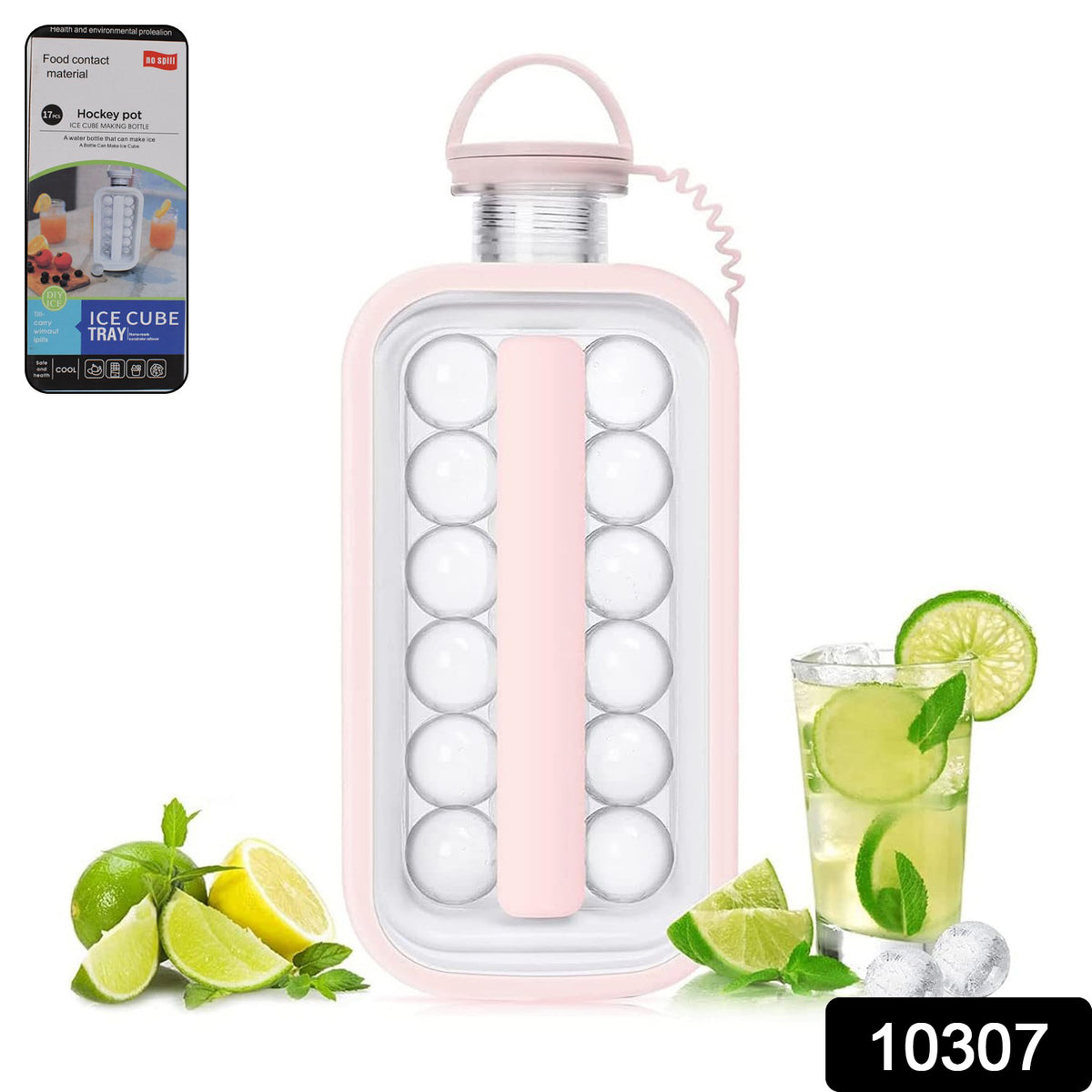 Pink ice ball maker bottle with 17 round ice balls, next to a glass of lime juice