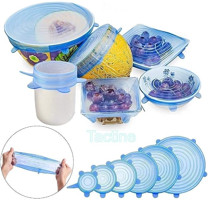Set of 6 blue silicone stretch lids covering bowls, a jar and half a melon