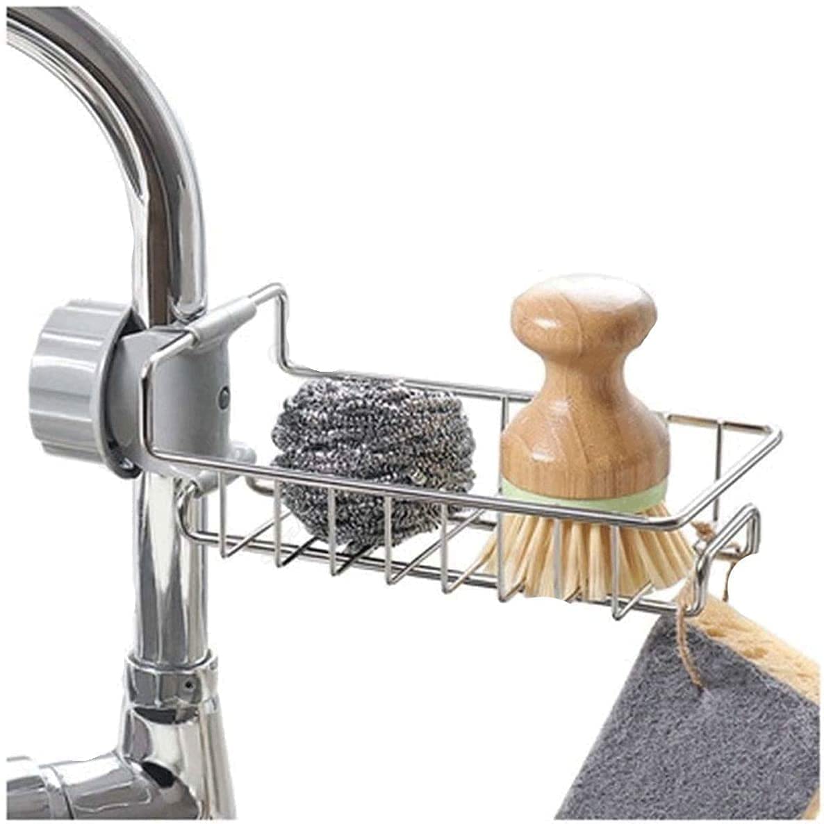 Tap rack holding a steel scrubber and a dish brush, with a cloth hanging from the hook