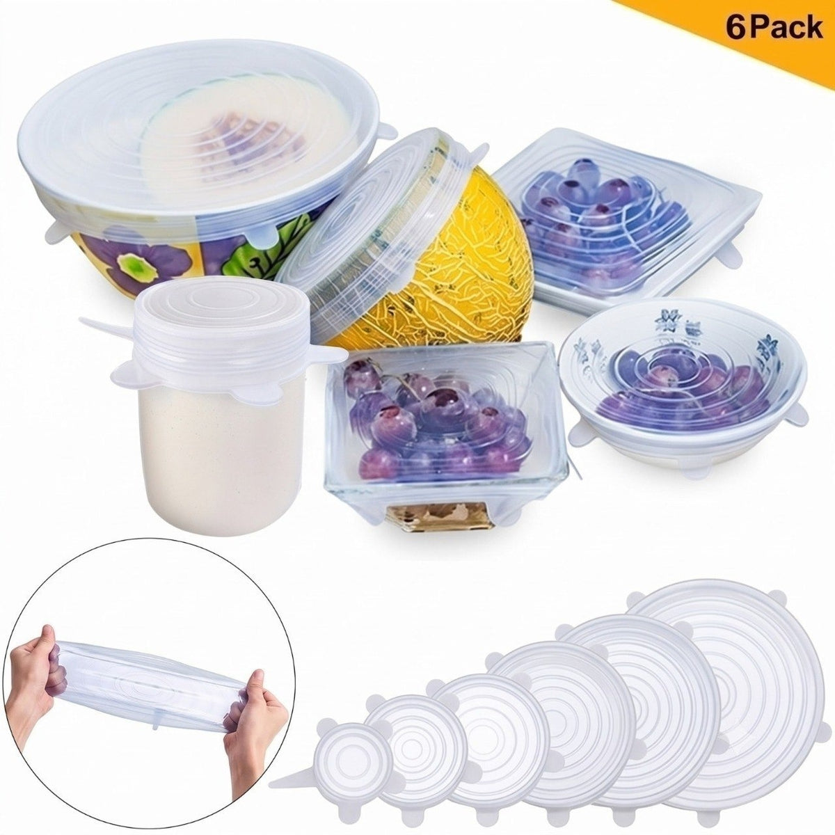 Set of 6 clear silicone stretch lids in different sizes covering bowls, a jar and half a melon