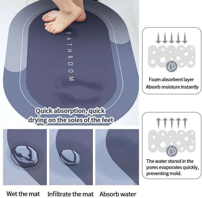 Wet foot on a navy oval absorbent bath mat, with drops soaking into the surface