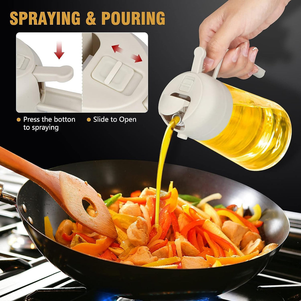 Pouring oil into a kadai of vegetables; press the button to spray, slide the lid to pour