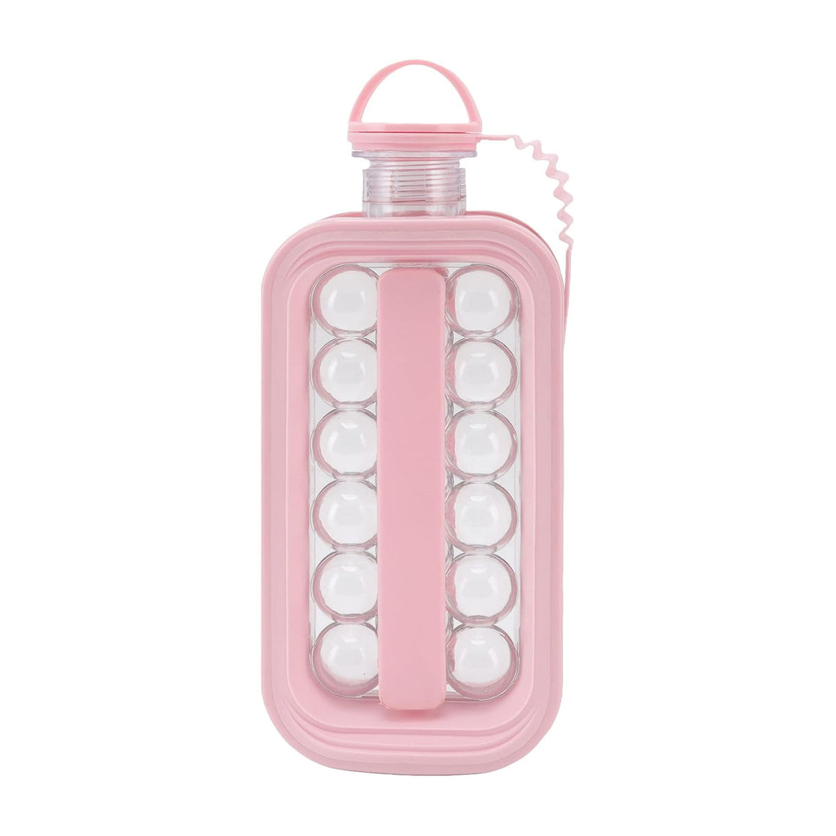 Pink ice ball maker bottle, front view