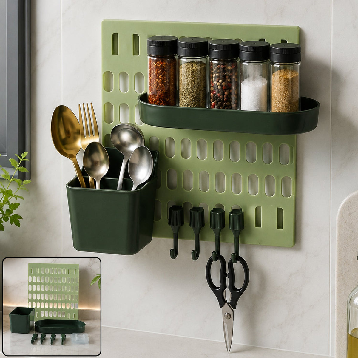 Pegboard on kitchen tiles with spice jars on the tray, spoons in the cup and scissors on a hook