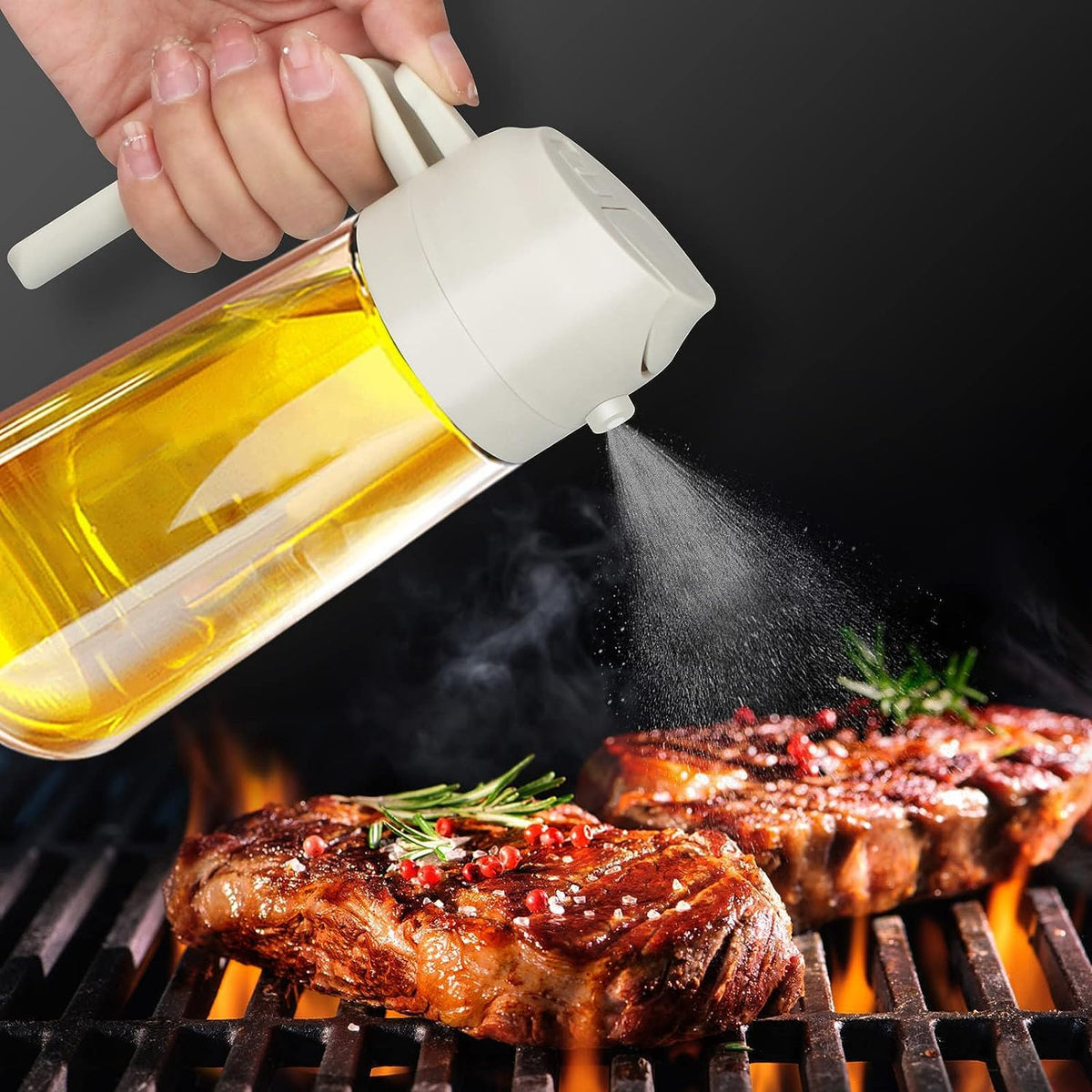Spraying a fine mist of oil over food on a grill