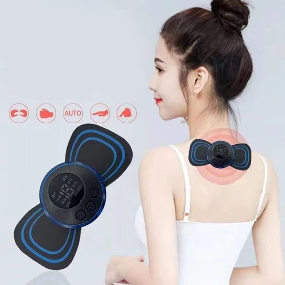 Woman wearing the butterfly massager on the back of her neck